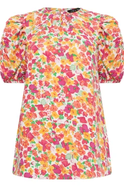 M&Co Womens White & Pink Floral Print Puff Sleeve Blouse><noscript><img width=