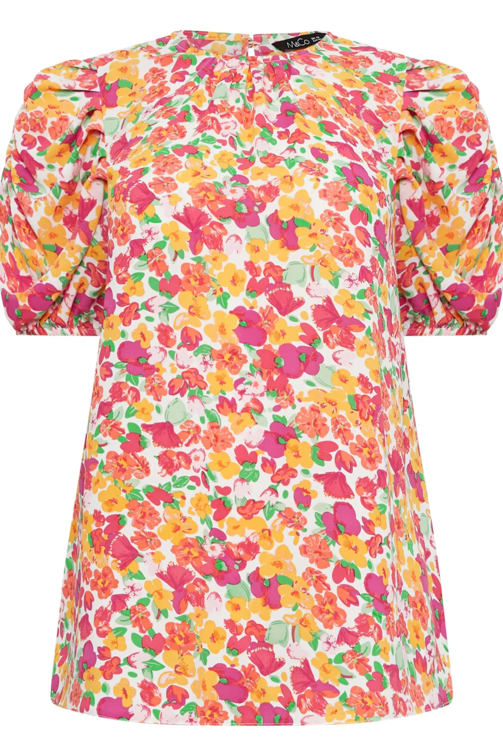 M&Co Womens White & Pink Floral Print Puff Sleeve Blouse>Women Short Sleeve Tops