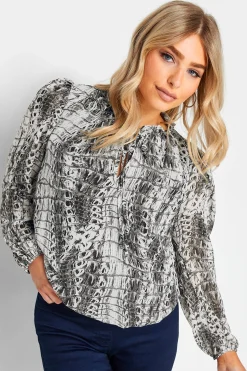 M&Co Womens White Abstract Print Tie Neck Blouse>Women Blouses