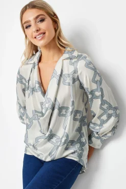 M&Co Womens White Chain Print Cowl Neck Satin Blouse>Women Long Sleeve Tops