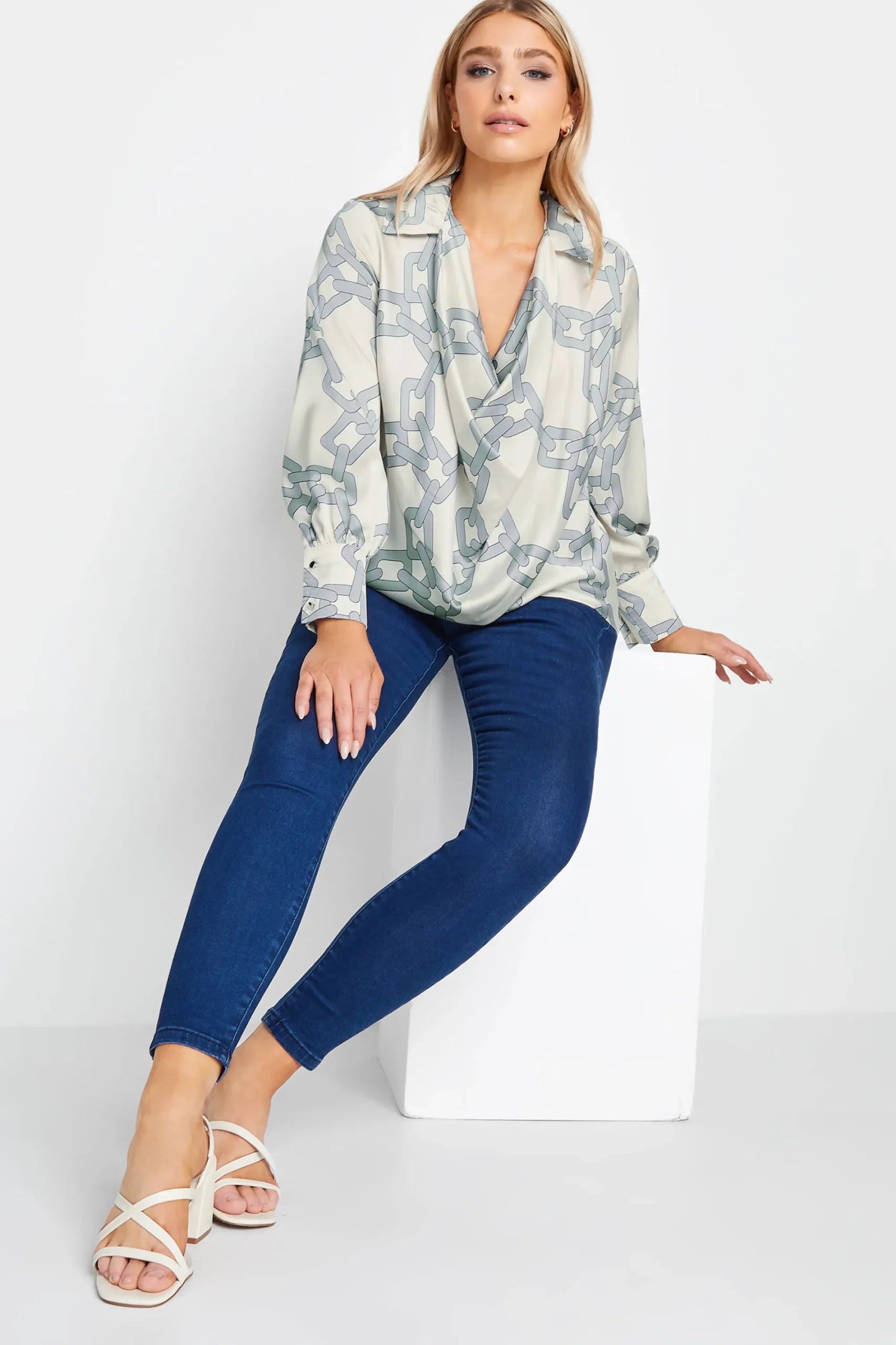 M&Co Womens White Chain Print Cowl Neck Satin Blouse>Women Long Sleeve Tops
