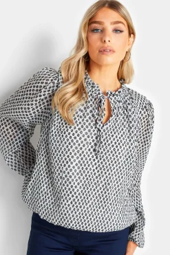 M&Co Womens White Ditsy Print Tie Neck Blouse>Women Blouses