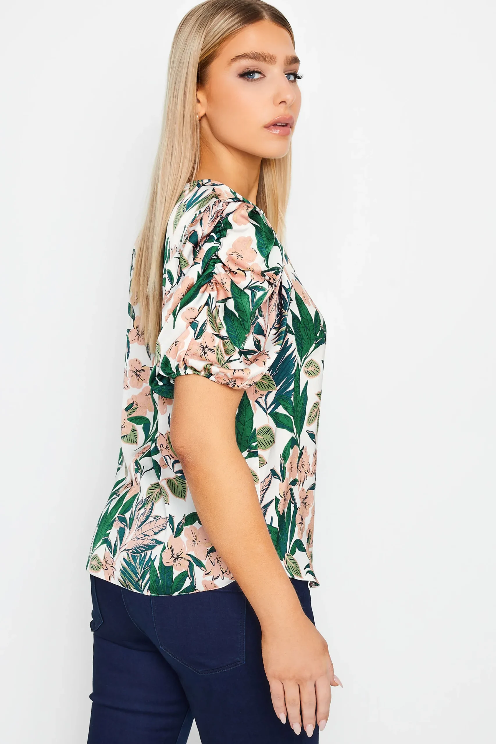 M&Co Womens White Floral Print Puff Sleeve Blouse>Women Short Sleeve Tops