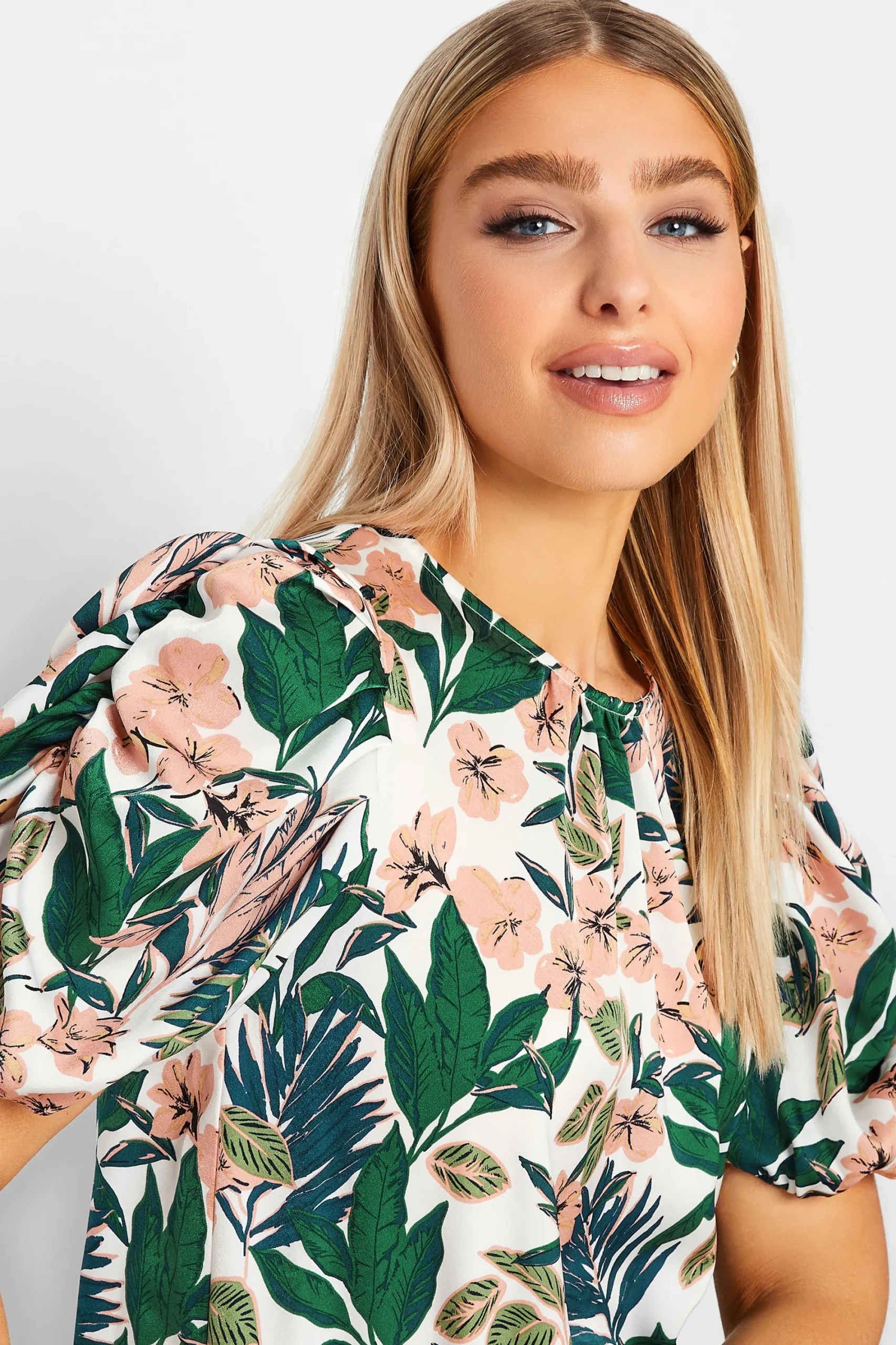 M&Co Womens White Floral Print Puff Sleeve Blouse>Women Short Sleeve Tops