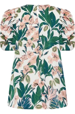 M&Co Womens White Floral Print Puff Sleeve Blouse><noscript><img width=