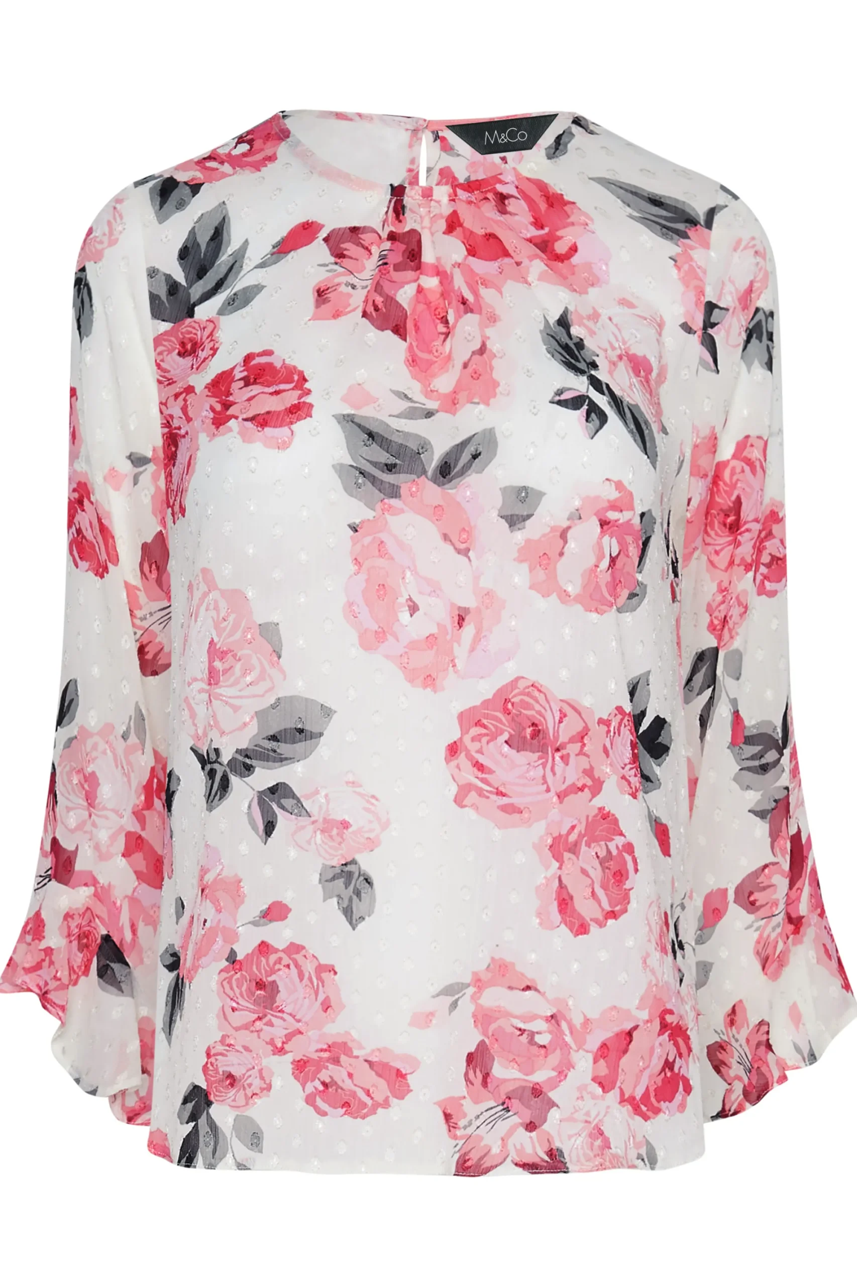 M&Co Womens White Floral Print Dobby Frill Sleeve Blouse>Women Blouses