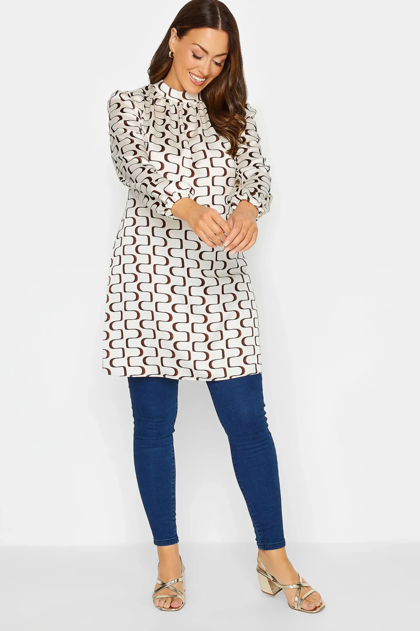 M&Co Womens White Ivory Geometric Print High Neck Tunic Blouse>Women Shirts