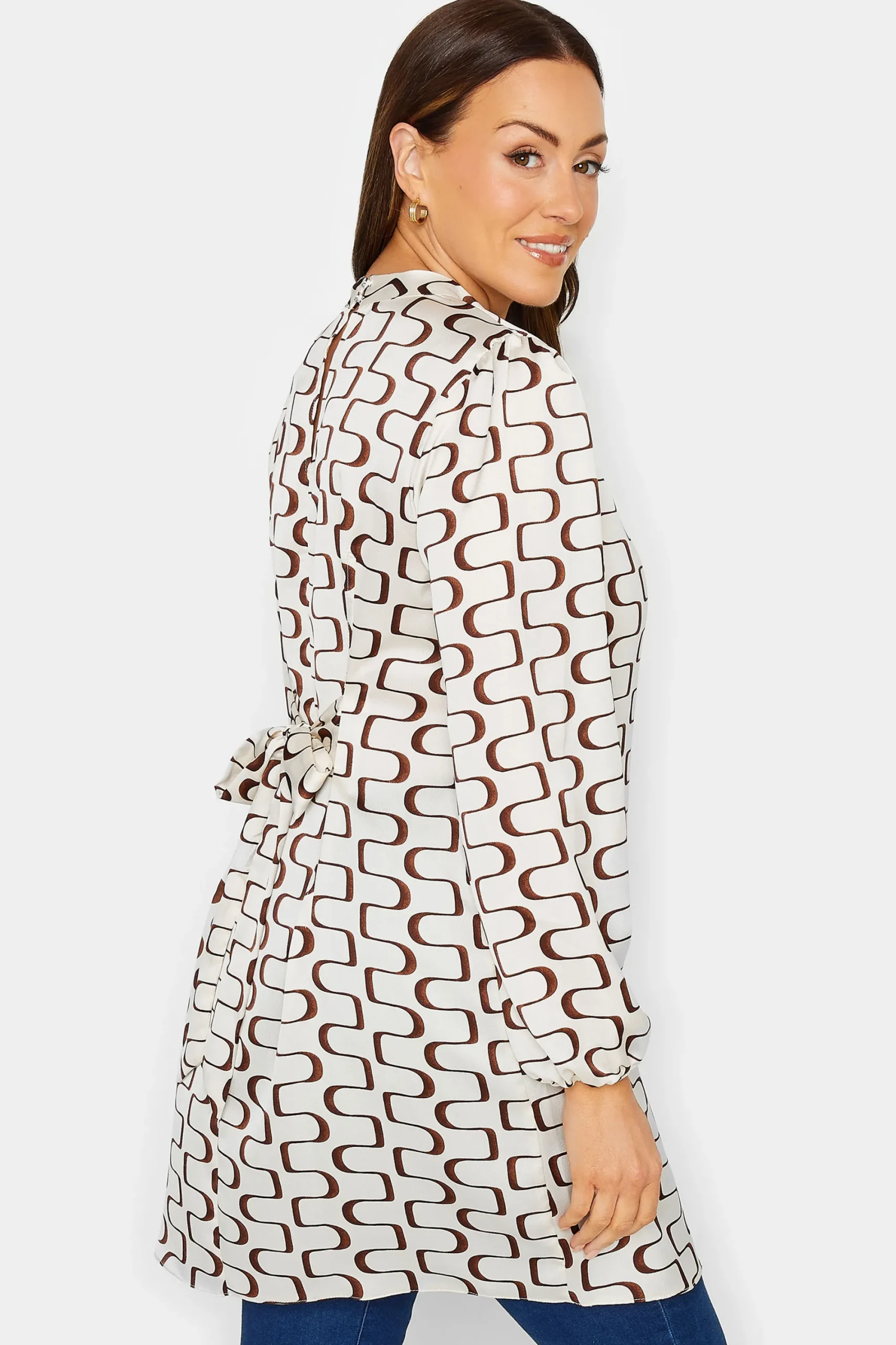 M&Co Womens White Ivory Geometric Print High Neck Tunic Blouse>Women Shirts
