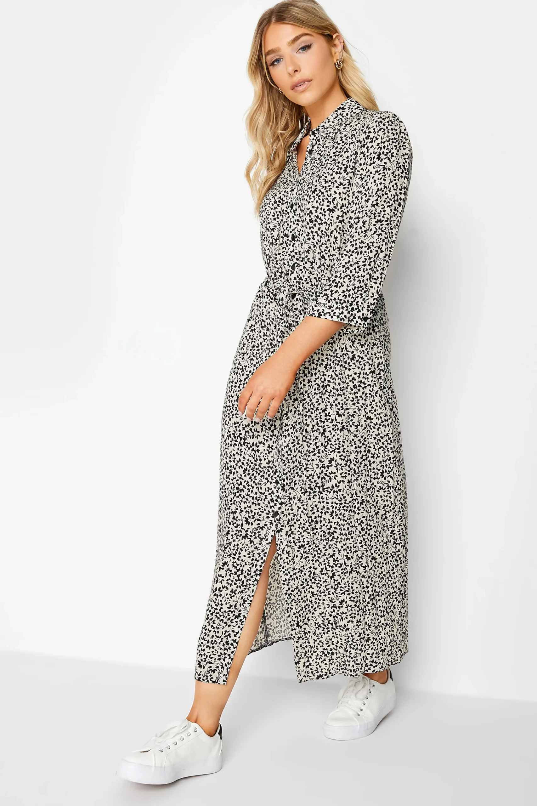 M&Co Womens White Ivory Floral Print Tie Belt Shirt Dress>Women Shirt Dresses