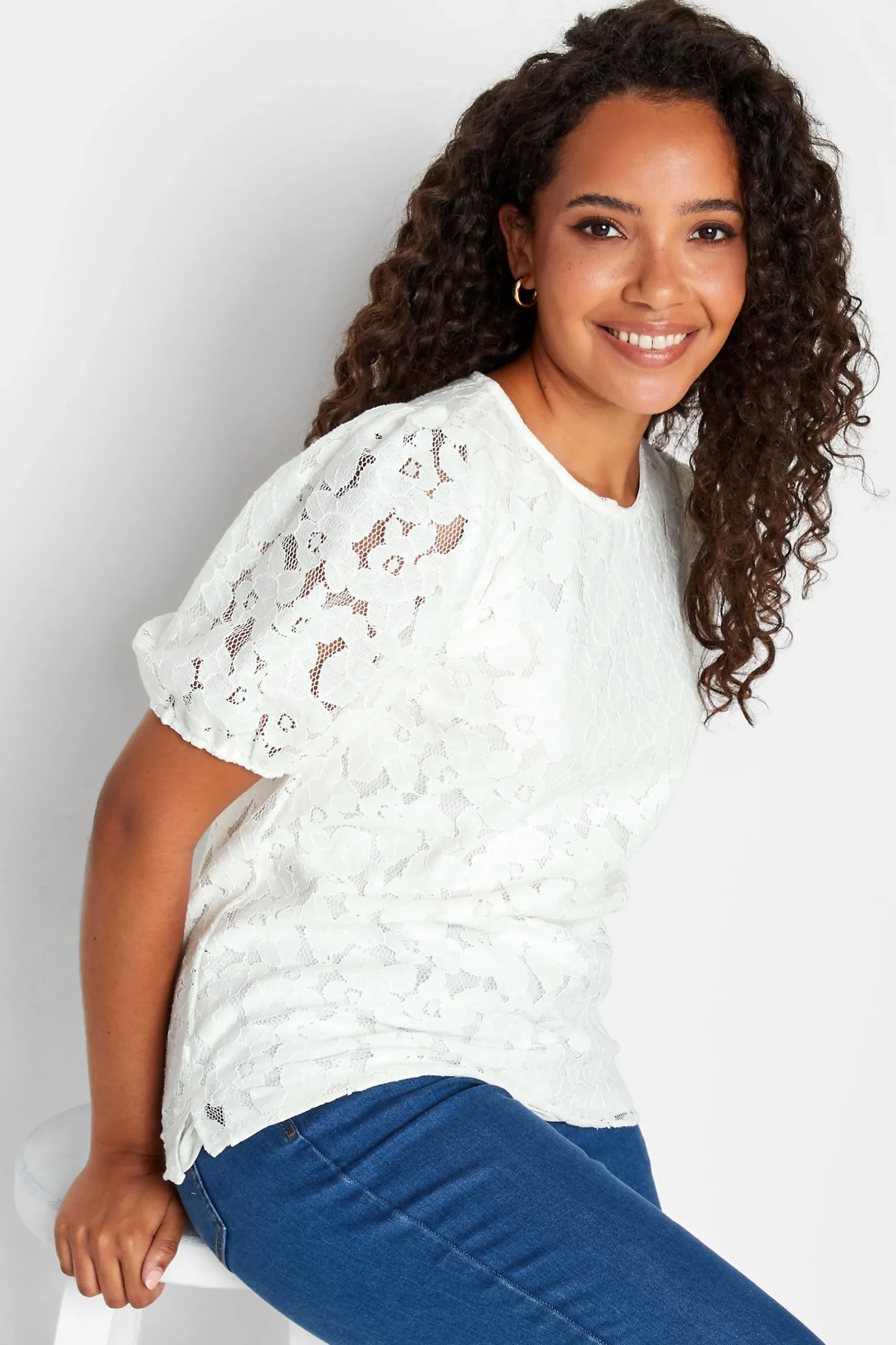 M&Co Womens White Lace Puff Sleeve Blouse>Women Blouses