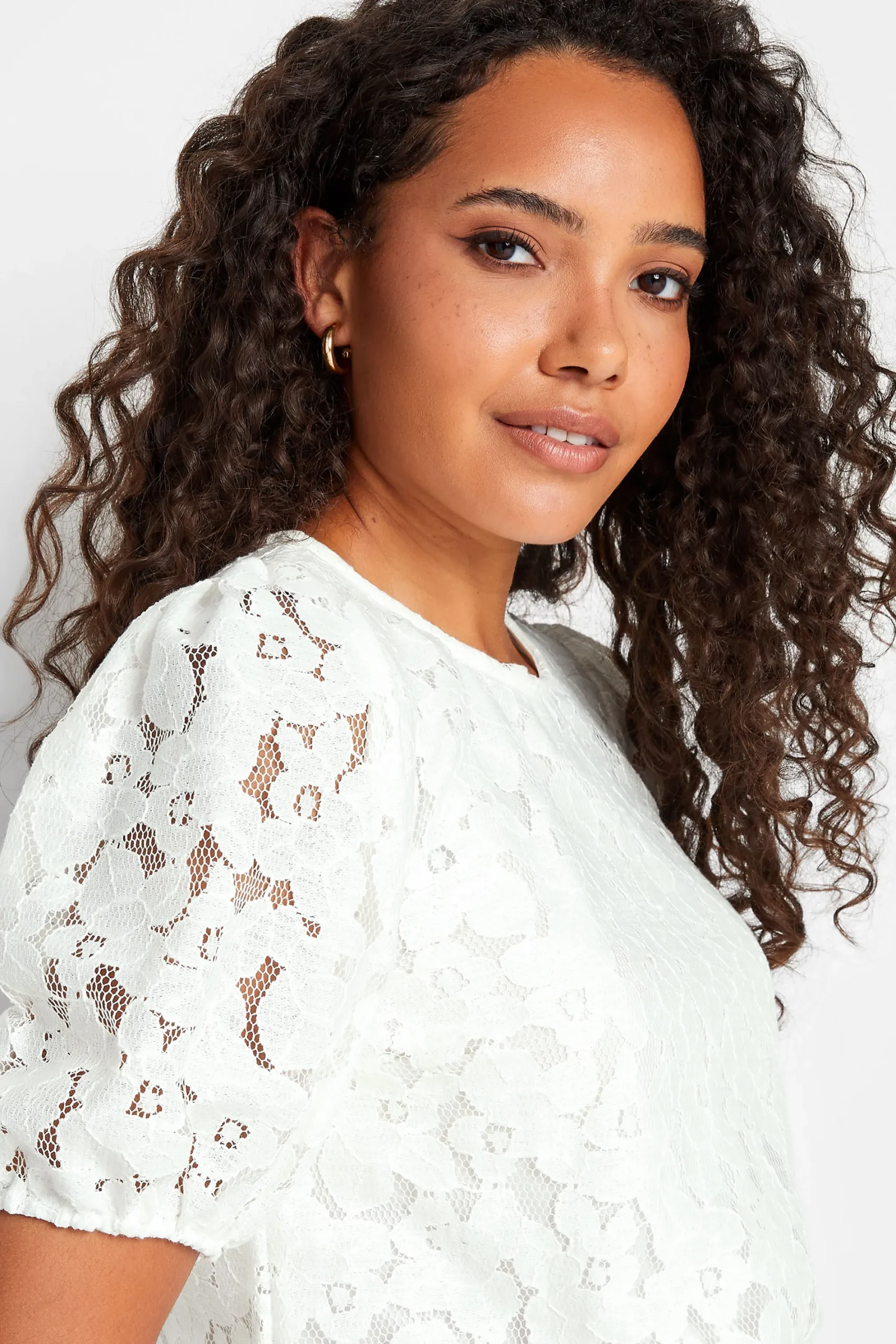 M&Co Womens White Lace Puff Sleeve Blouse>Women Blouses