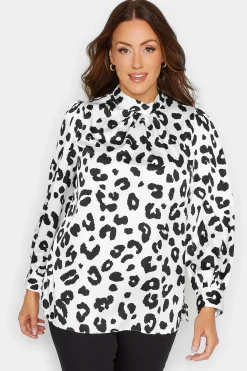 M&Co Womens White Leopard Print High Neck Satin Blouse>Women Long Sleeve Tops