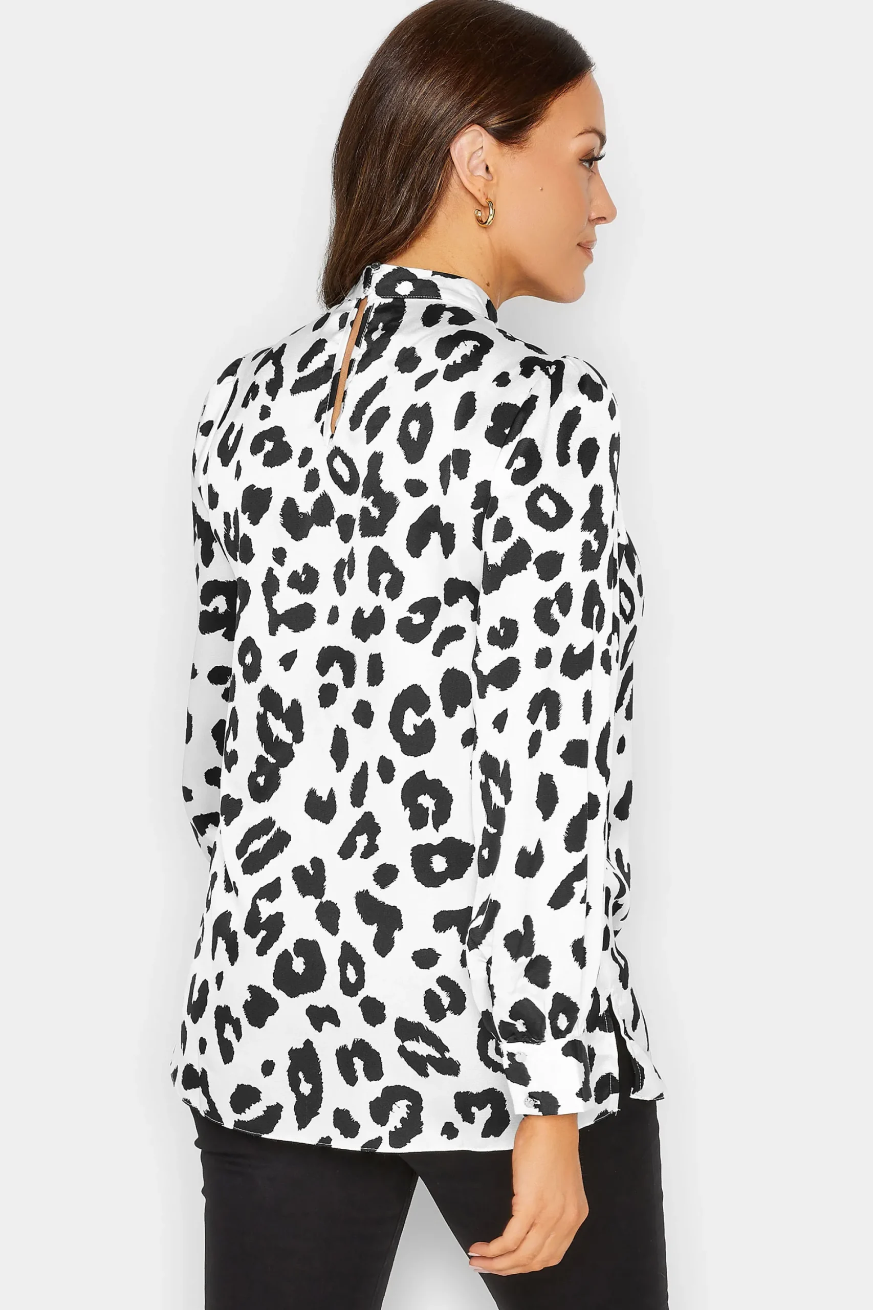 M&Co Womens White Leopard Print High Neck Satin Blouse>Women Long Sleeve Tops