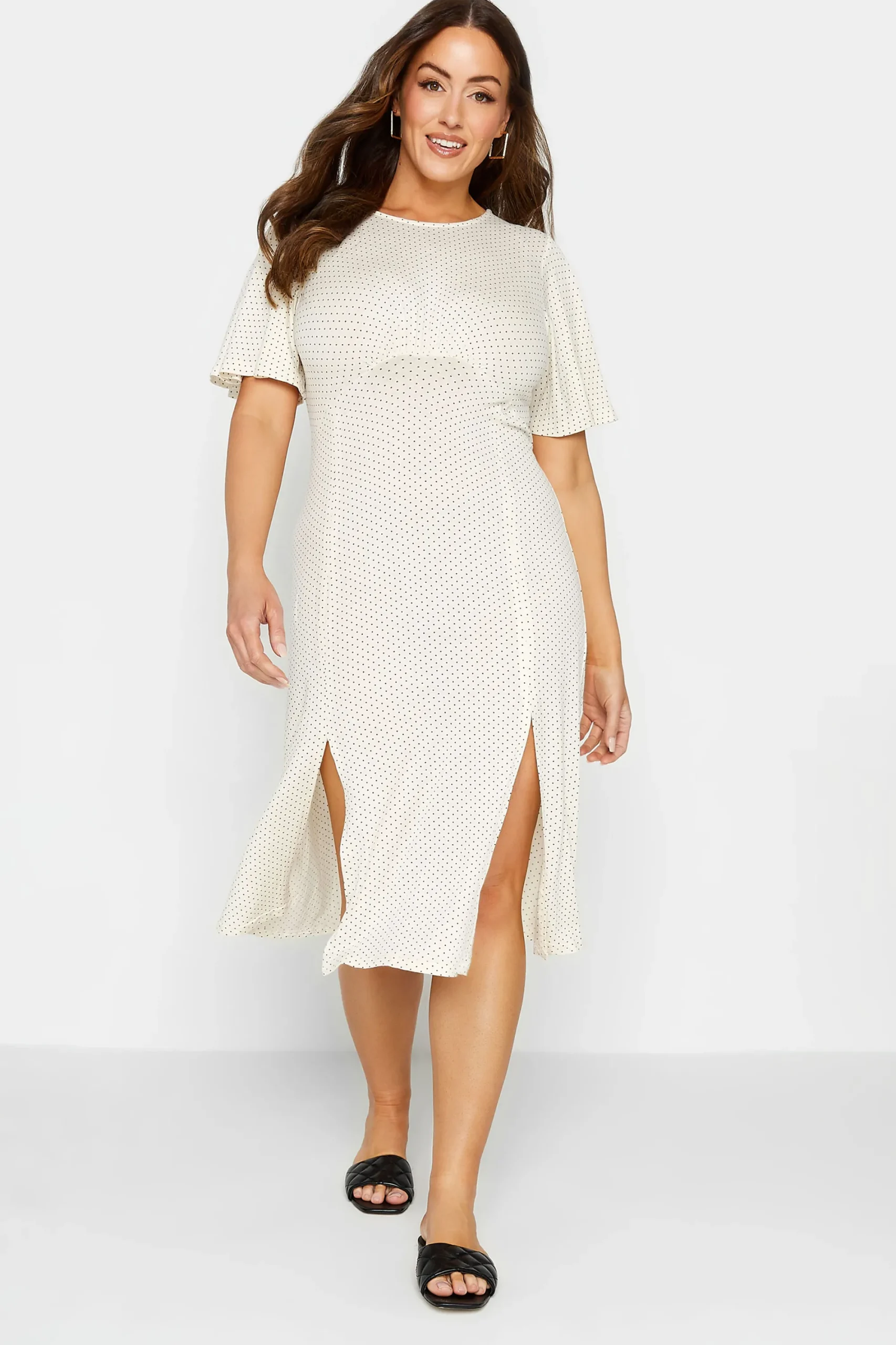 M&Co Womens White Polka Dot Print Angel Sleeve Split Hem Midi Dress>Women Midi Dresses