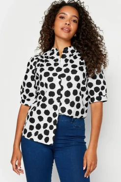 M&Co Womens White Polka Dot Puff Sleeve Shirt>Women Short Sleeve Tops