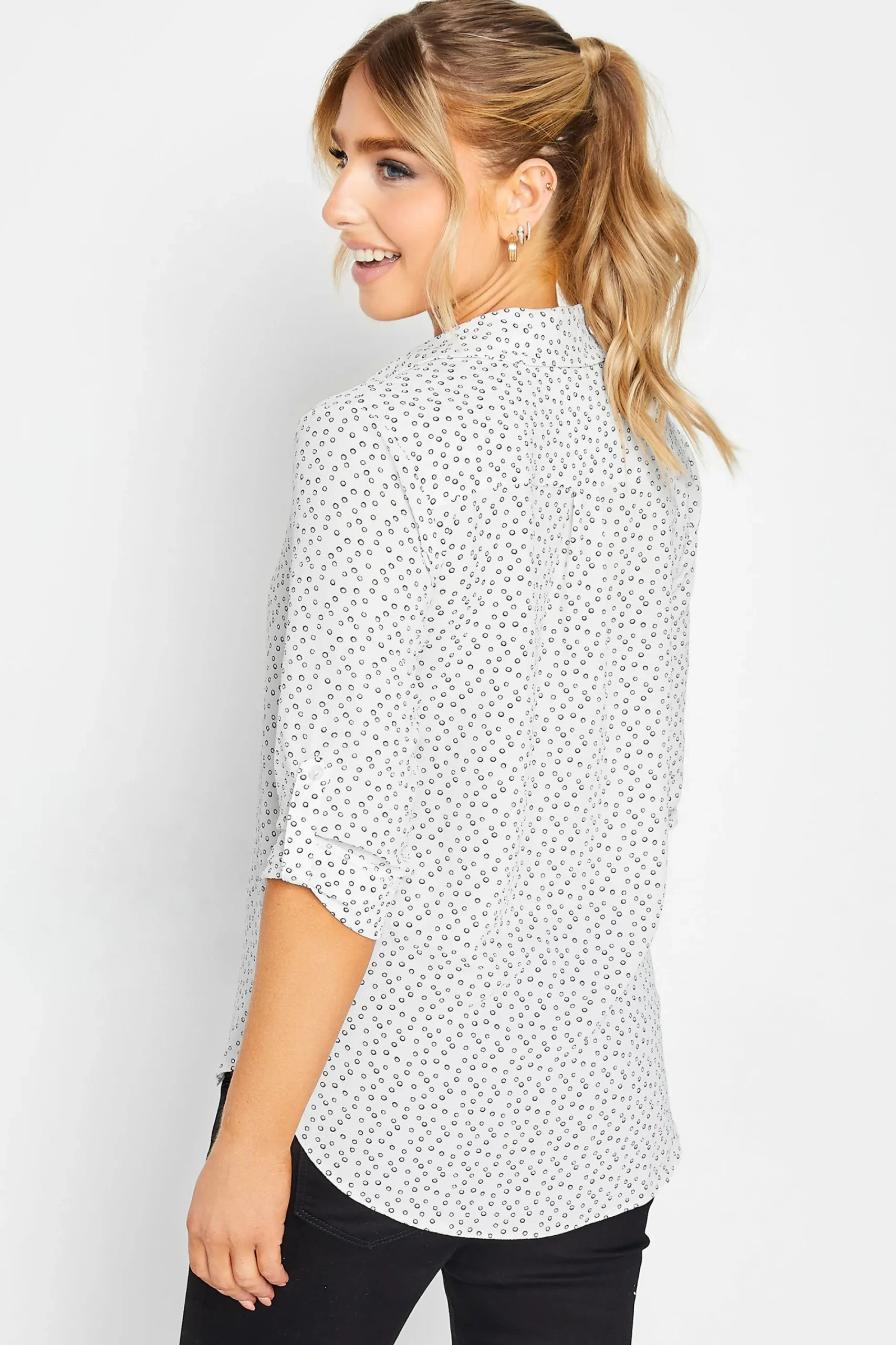 M&Co Womens White Spot Print Tab Sleeve Shirt>Women Shirts