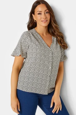 M&Co Womens White Spot Print Frill Sleeve Button Through Blouse>Women Short Sleeve Tops