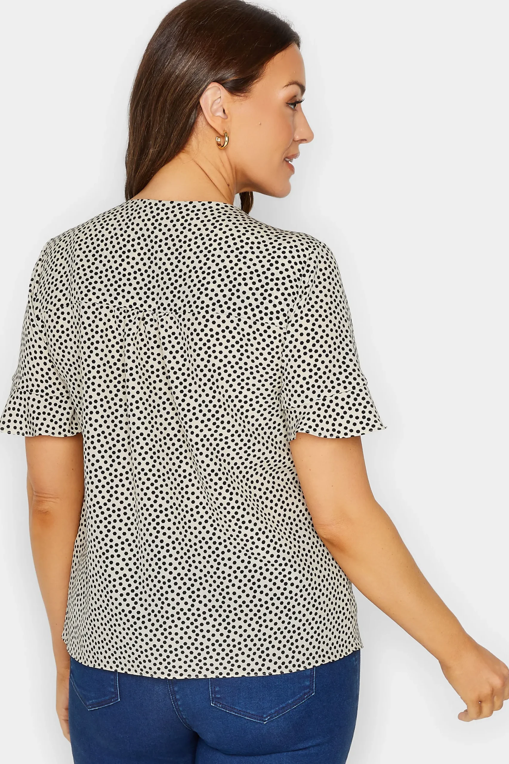 M&Co Womens White Spot Print Frill Sleeve Button Through Blouse>Women Short Sleeve Tops