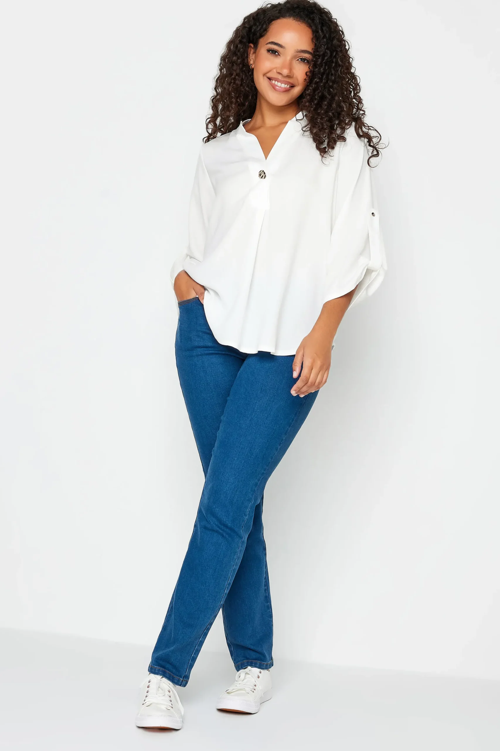 M&Co Womens White Statement Button Tab Sleeve Shirt>Women Shirts