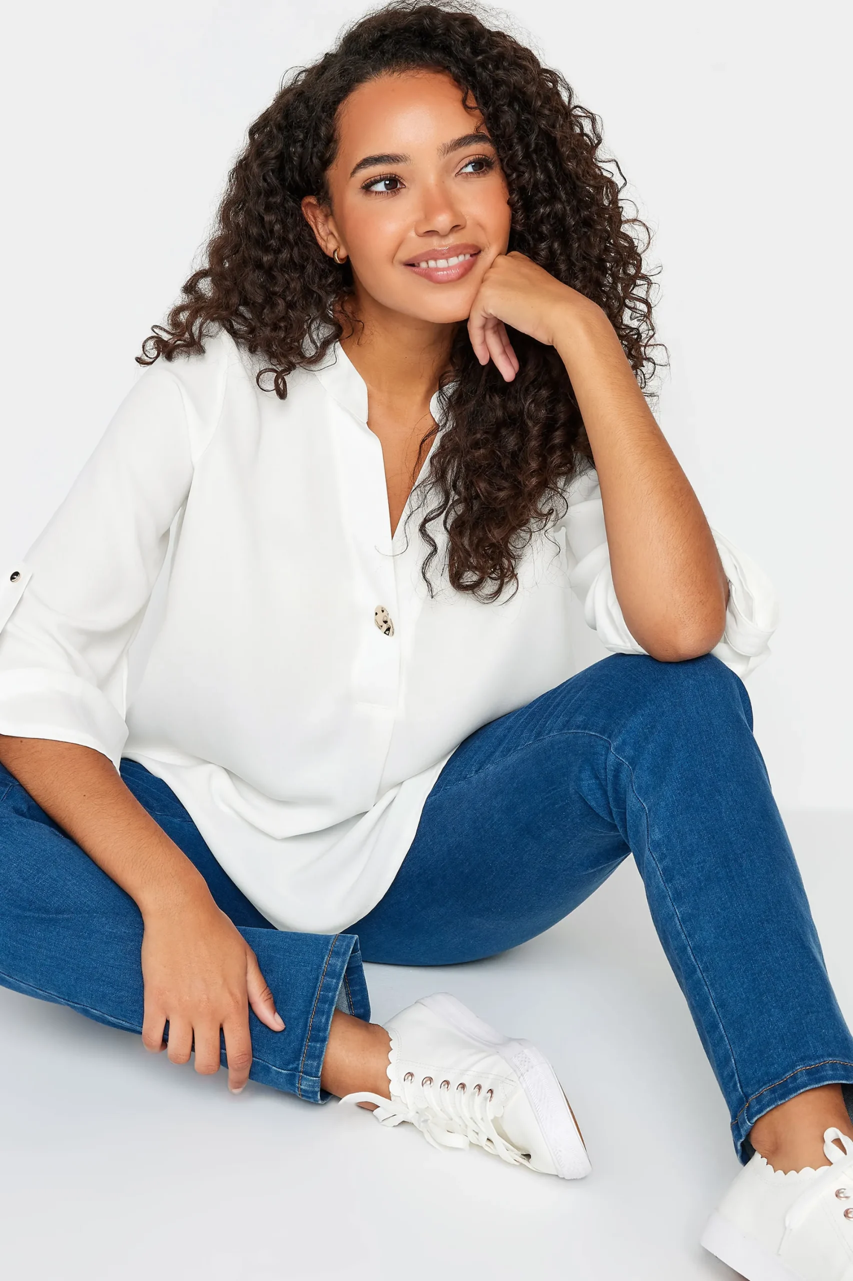 M&Co Womens White Statement Button Tab Sleeve Shirt>Women Shirts