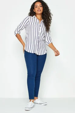 M&Co Womens White Stripe Tab Sleeve Shirt>Women Shirts