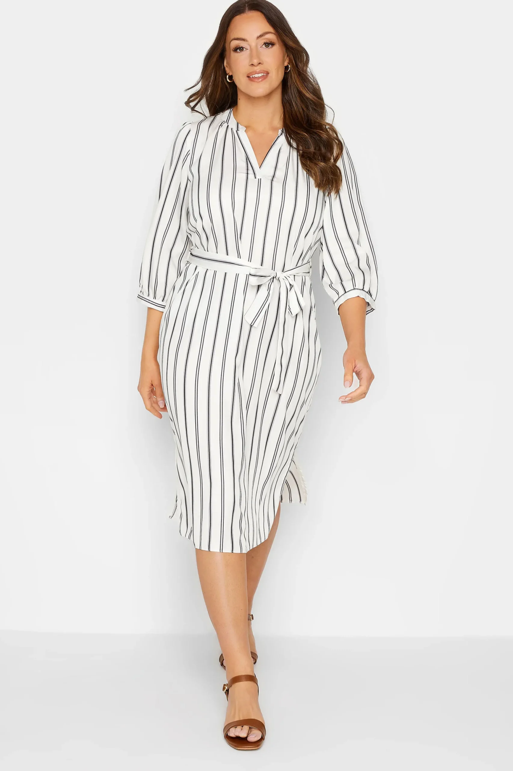 M&Co Womens White Stripe Print Tie Waist Tunic Dress>Women Shirt Dresses