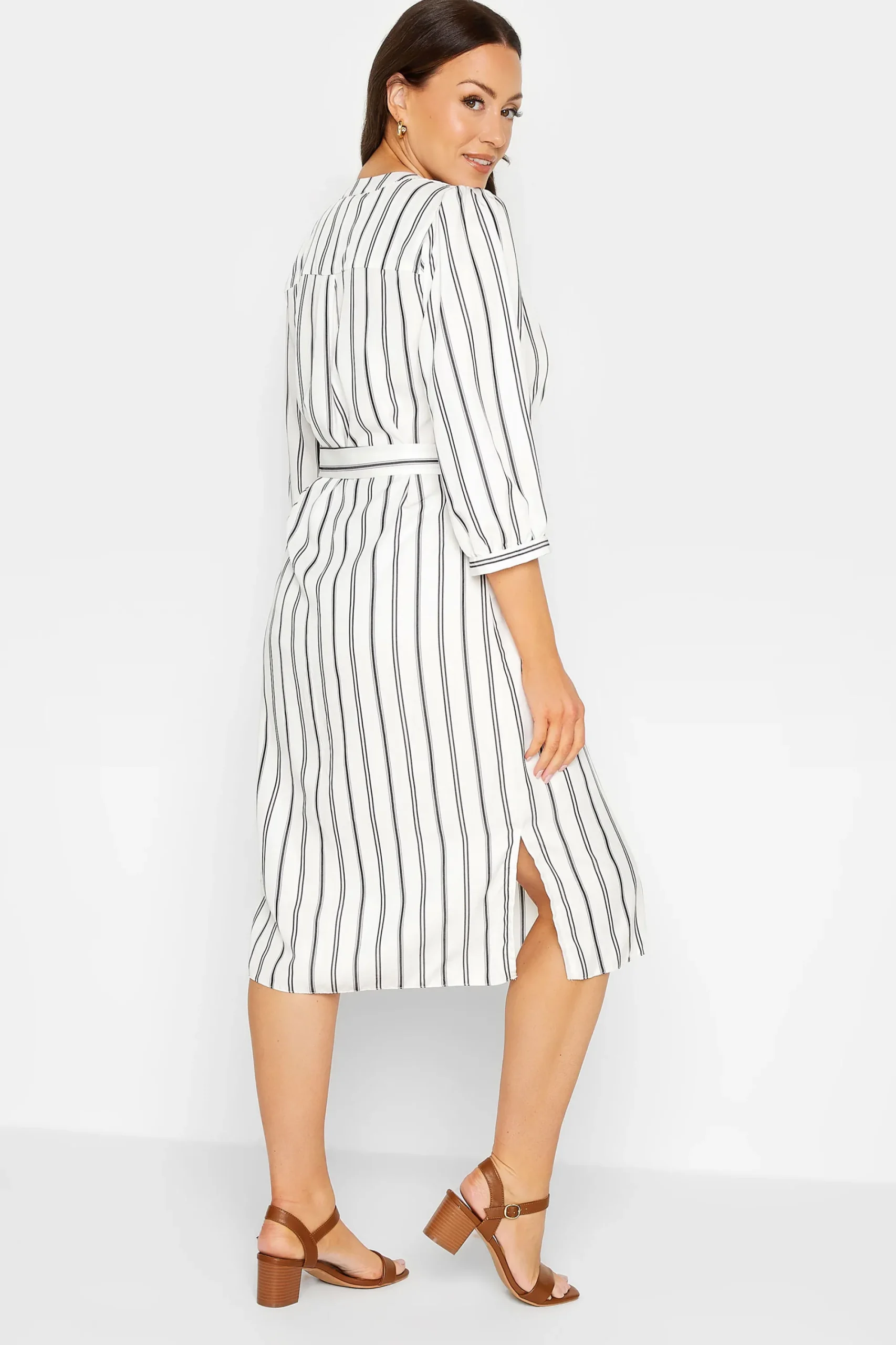 M&Co Womens White Stripe Print Tie Waist Tunic Dress>Women Shirt Dresses
