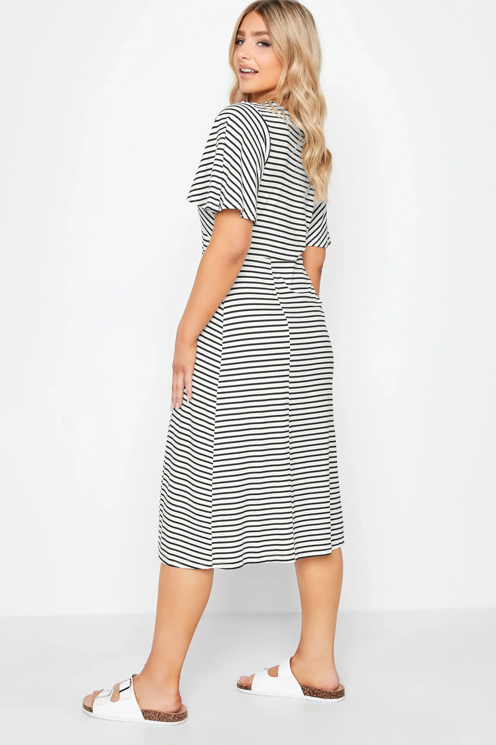 M&Co Womens White Stripe Print Angel Sleeve Split Hem Midi Dress>Women Midi Dresses