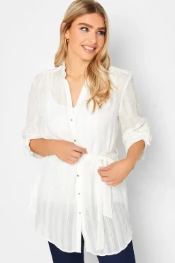 M&Co Womens White Tie Waist Textured Tunic Shirt>Women Shirts