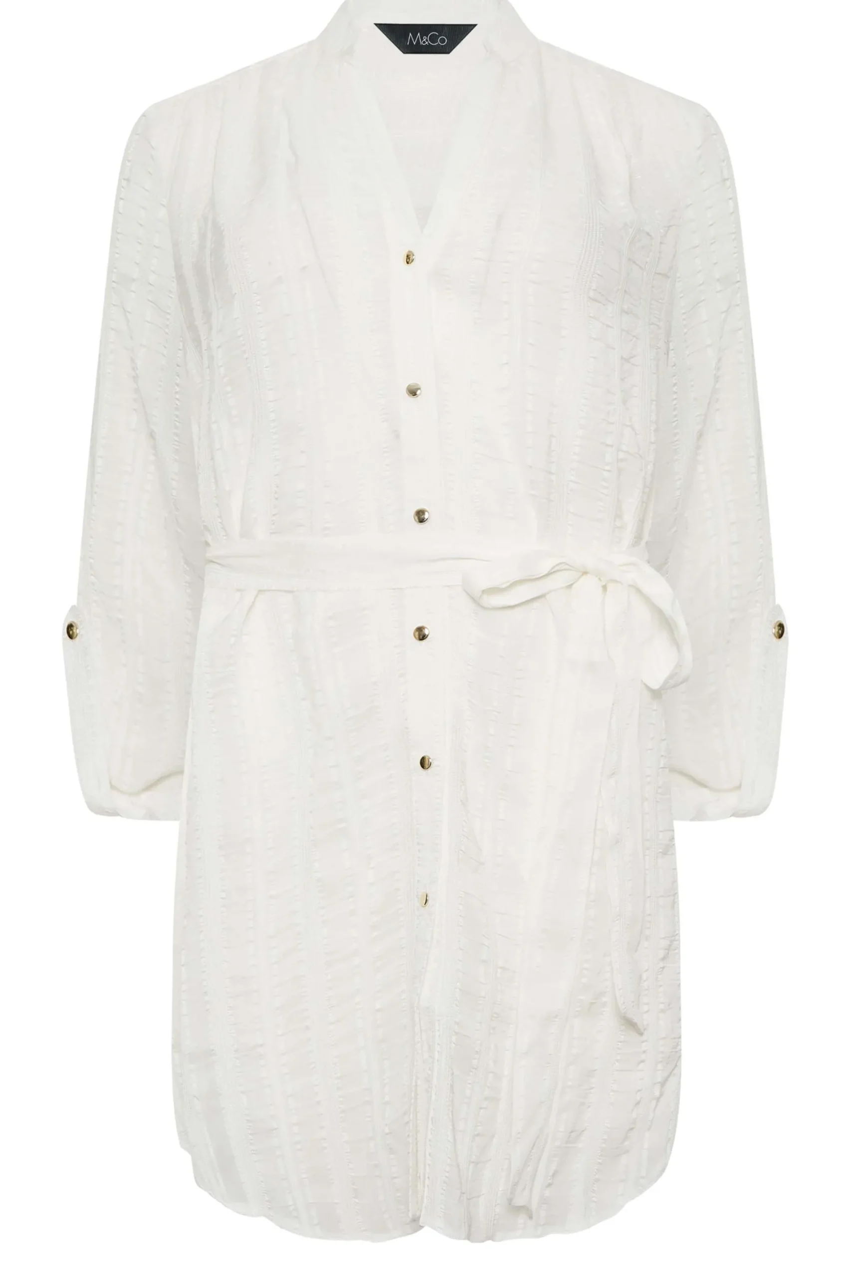 M&Co Womens White Tie Waist Textured Tunic Shirt>Women Shirts