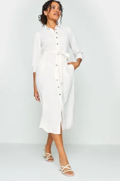 M&Co Womens White Tie Waist Shirt Dress>Women Shirt Dresses