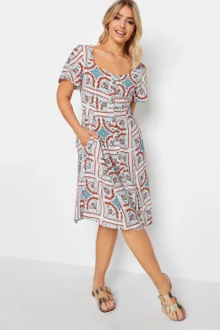 M&Co Womens White Tile Print Button Through Midi Dress>Women Midi Dresses
