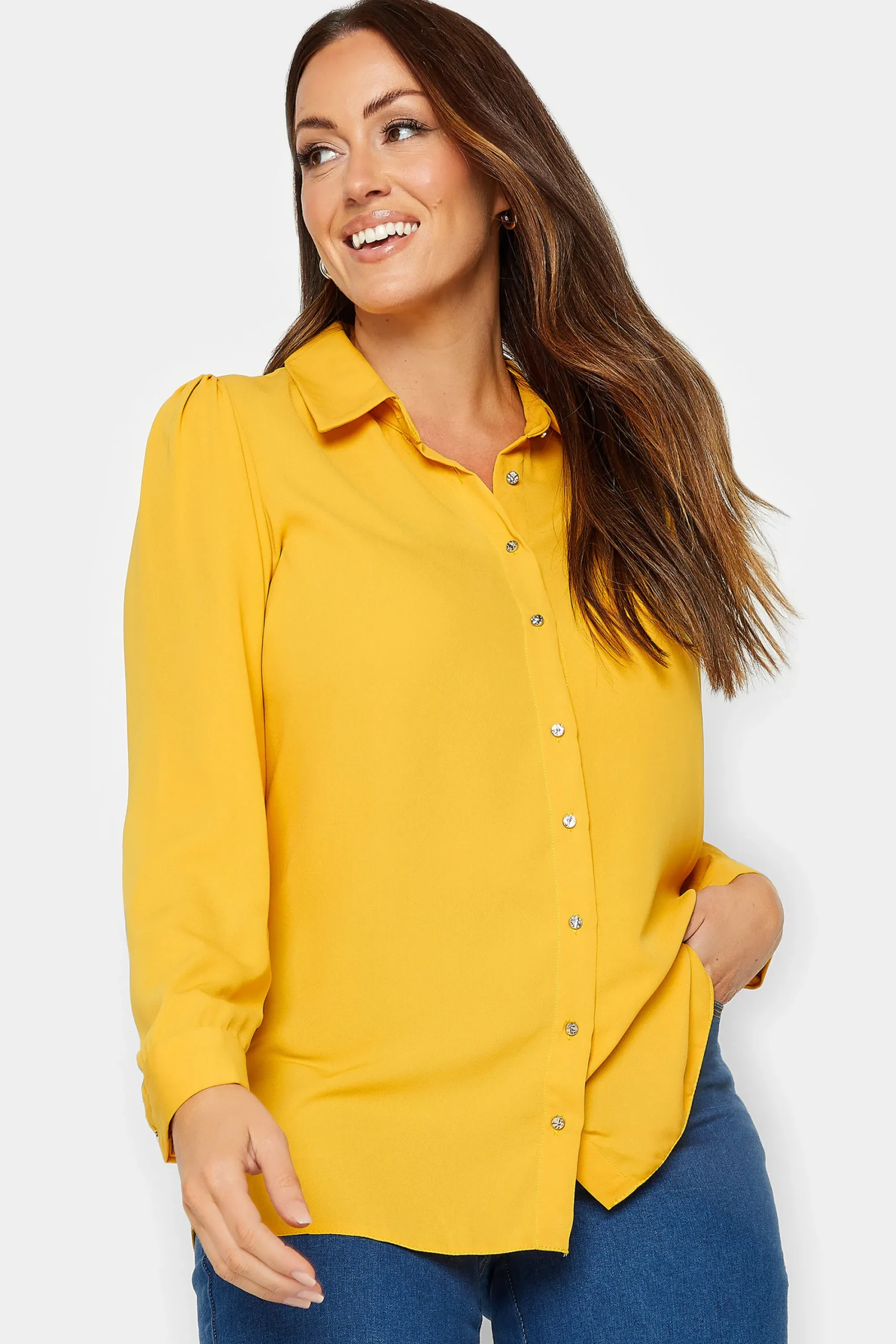 M&Co Womens Yellow Button Through Tunic Shirt>Women Shirts