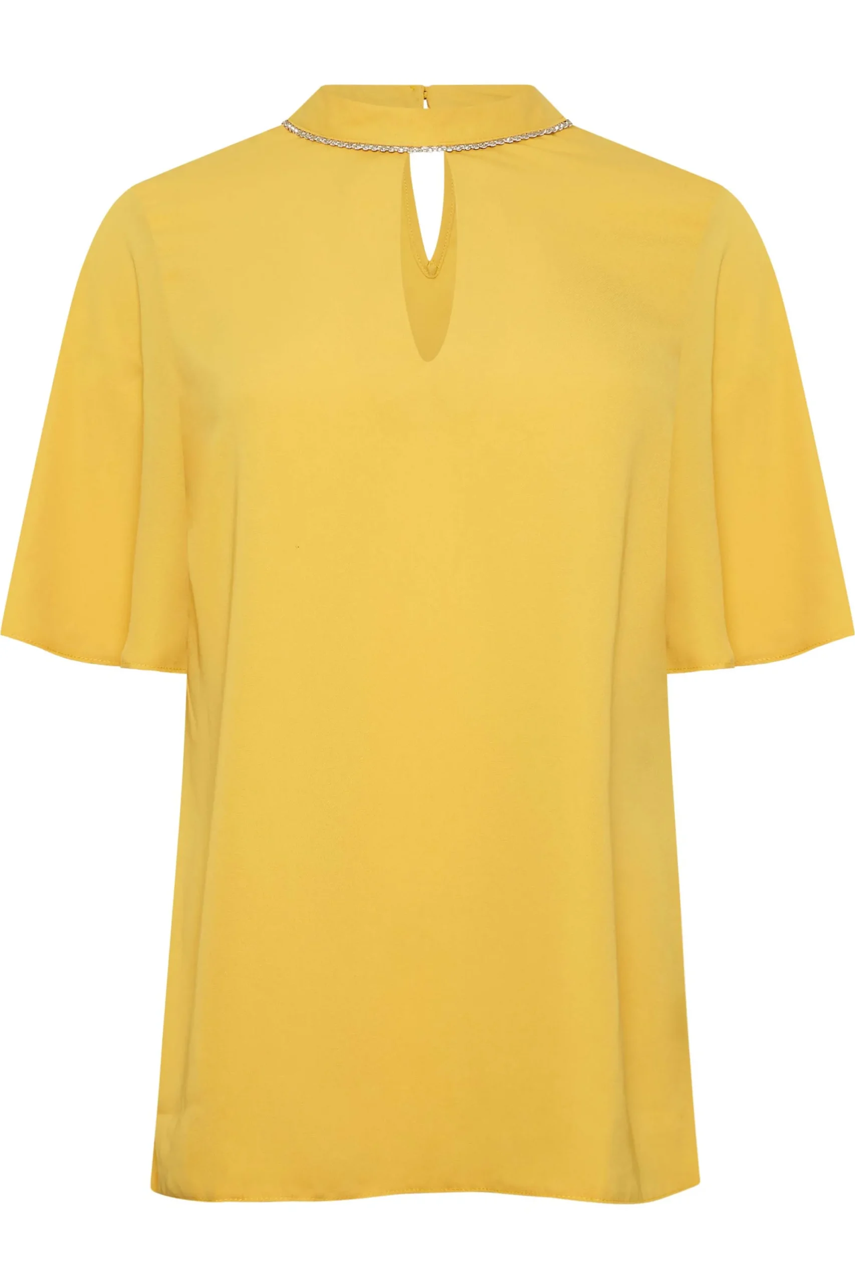 M&Co Womens Yellow Embellished Neck Keyhole Blouse>Women Short Sleeve Tops