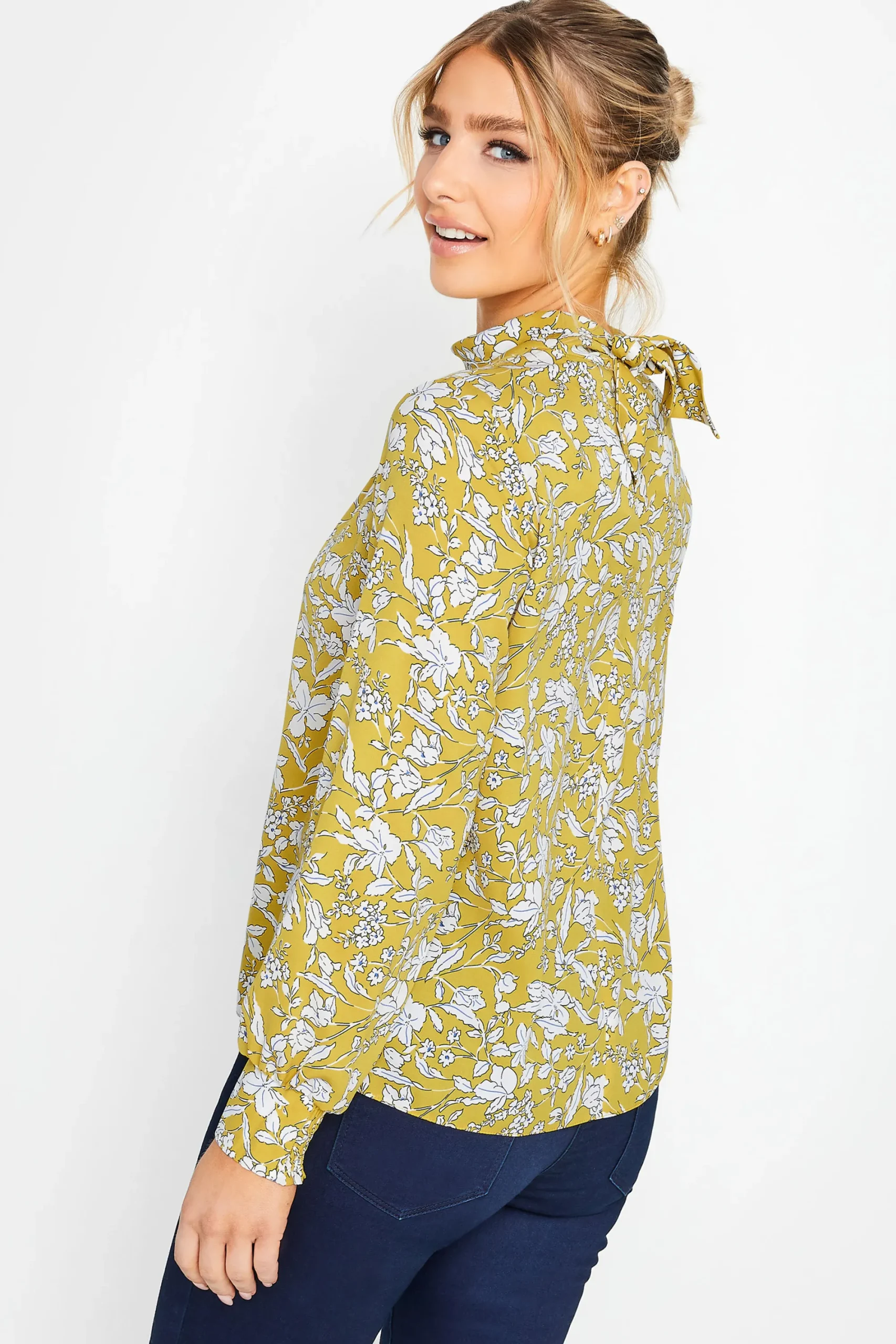 M&Co Womens Yellow Floral Print High Neck Blouse>Women Long Sleeve Tops