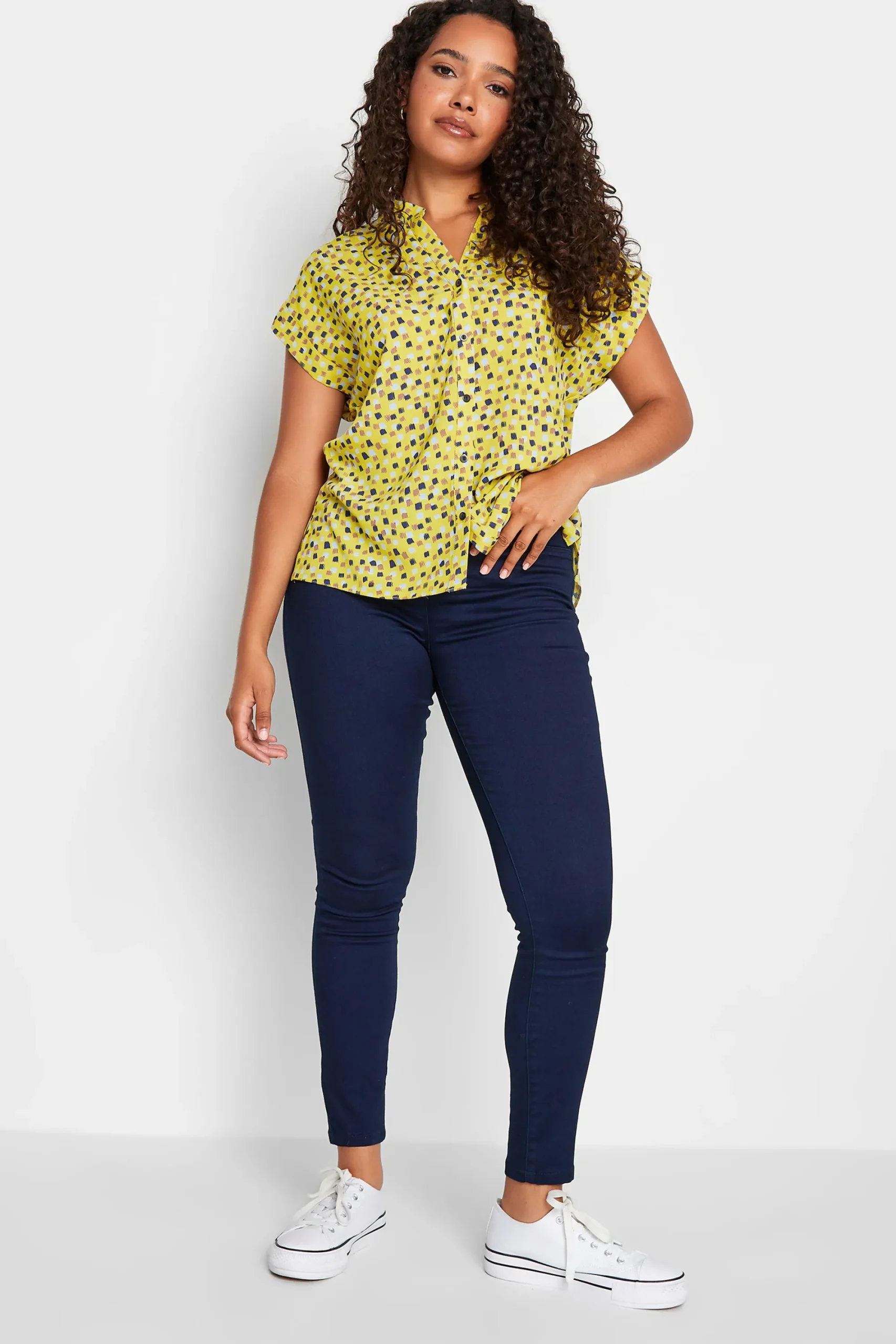 M&Co Womens Yellow Spot Print V-Neck Blouse>Women Short Sleeve Tops