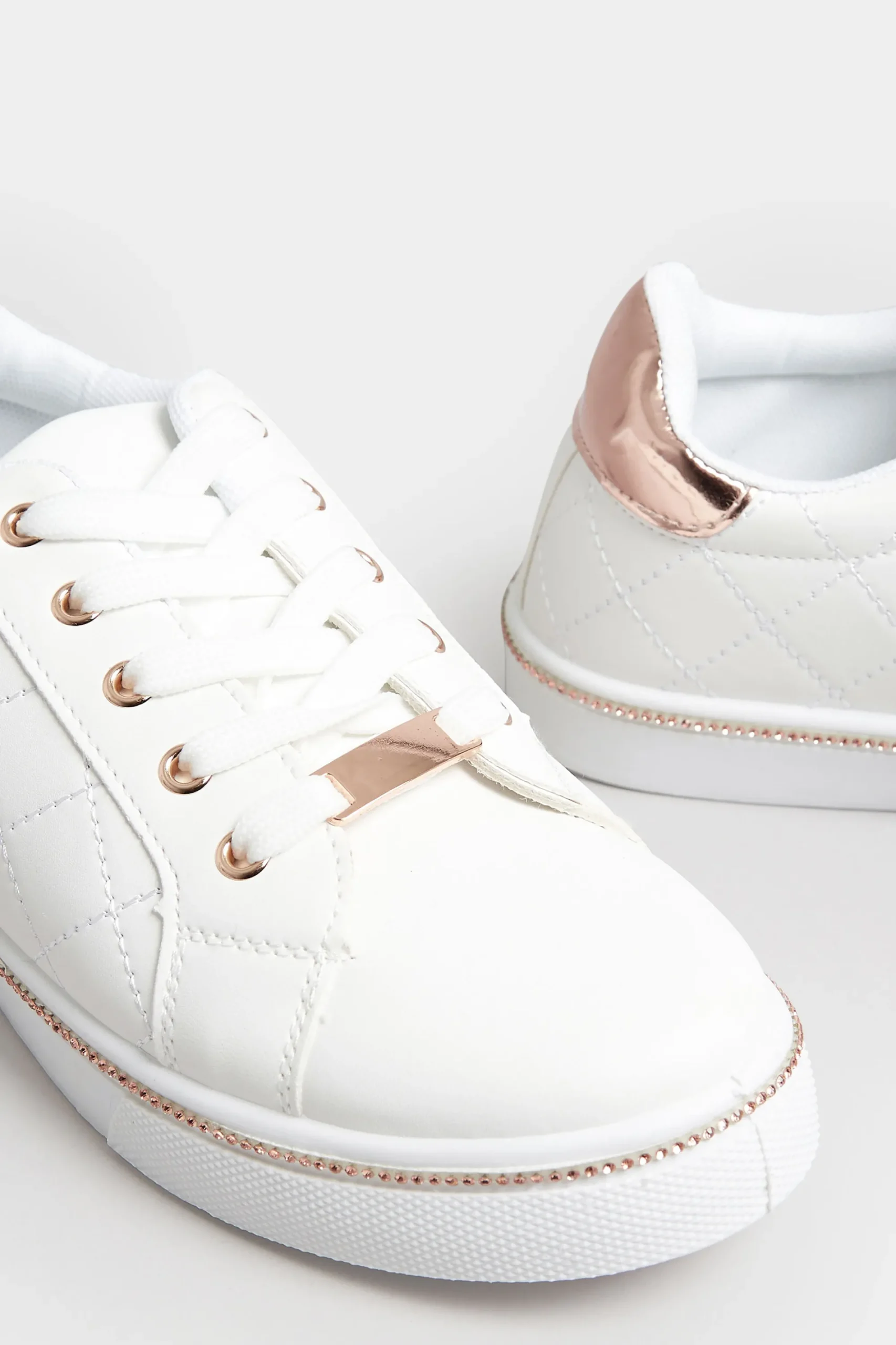 M&Co Pixiegirl Pixiegirl White & Rose Gold Quilted Diamante Trainers In Standard Fit>Women Trainers