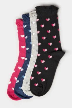 M&Co Yours Yours 4 Pack Black & Pink Heart Print Ankle Socks><noscript><img width=