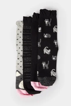 M&Co Yours Yours 4 Pack Black Cat Print Ankle Socks><noscript><img width=