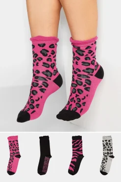 M&Co Yours Yours 4 Pack Black Mixed Animal Print Footbed Ankle Socks>Women Socks