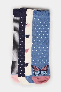 M&Co Yours Yours 4 Pack Blue Butterfly Print Ankle Socks><noscript><img width=
