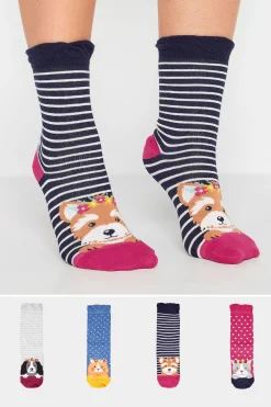 M&Co Yours Yours 4 Pack Navy Blue Animal Print Stripe Ankle Socks>Women Socks