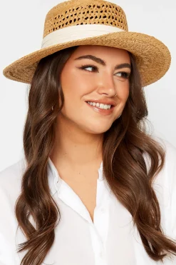 M&Co Yours Yours Beige Brown & White Straw Boater Hat>Women Hats