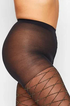 M&Co Yours Yours Black & Gold Glitter Argyle Print Tights>Women Tights
