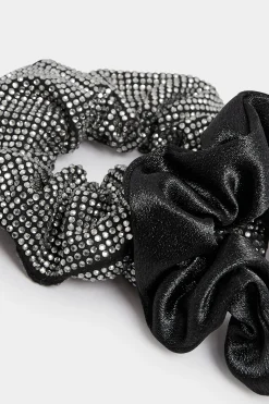 M&Co Yours Yours Black 2 Pack Diamante Satin Scrunchie Set><noscript><img width=