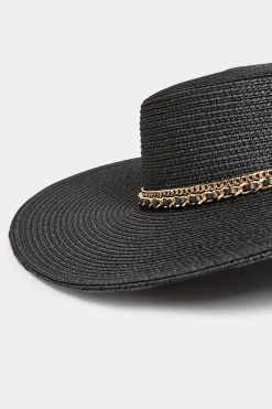 M&Co Yours Yours Black Chain Straw Wide Brim Boater Hat><noscript><img width=