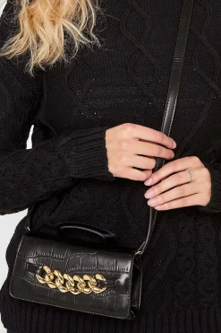 M&Co Yours Yours Black Croc & Gold Chain Mini Bag>Women Bags