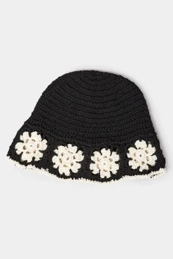 M&Co Yours Yours Black Crochet Contrast Edge Bucket Hat>Women Hats