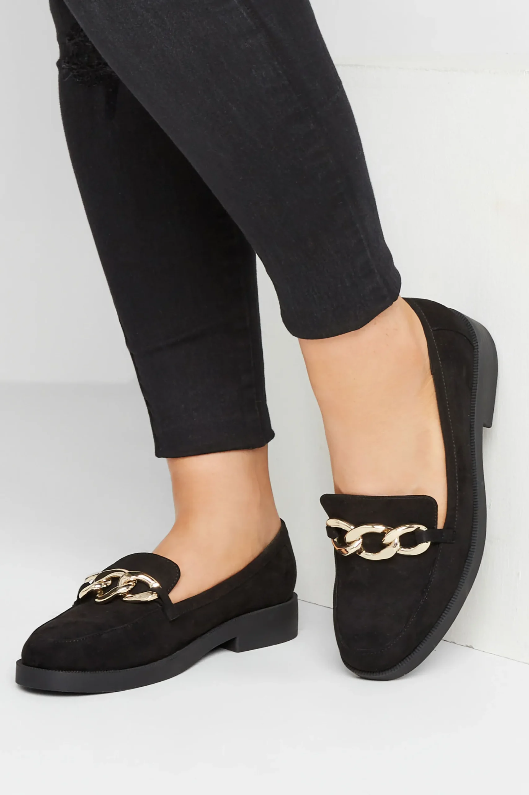 M&Co Yours Yours Black Faux Suede Chain Detail Loafers In Wide E Fit & Extra Wide Eee Fit>Women Flat Shoes