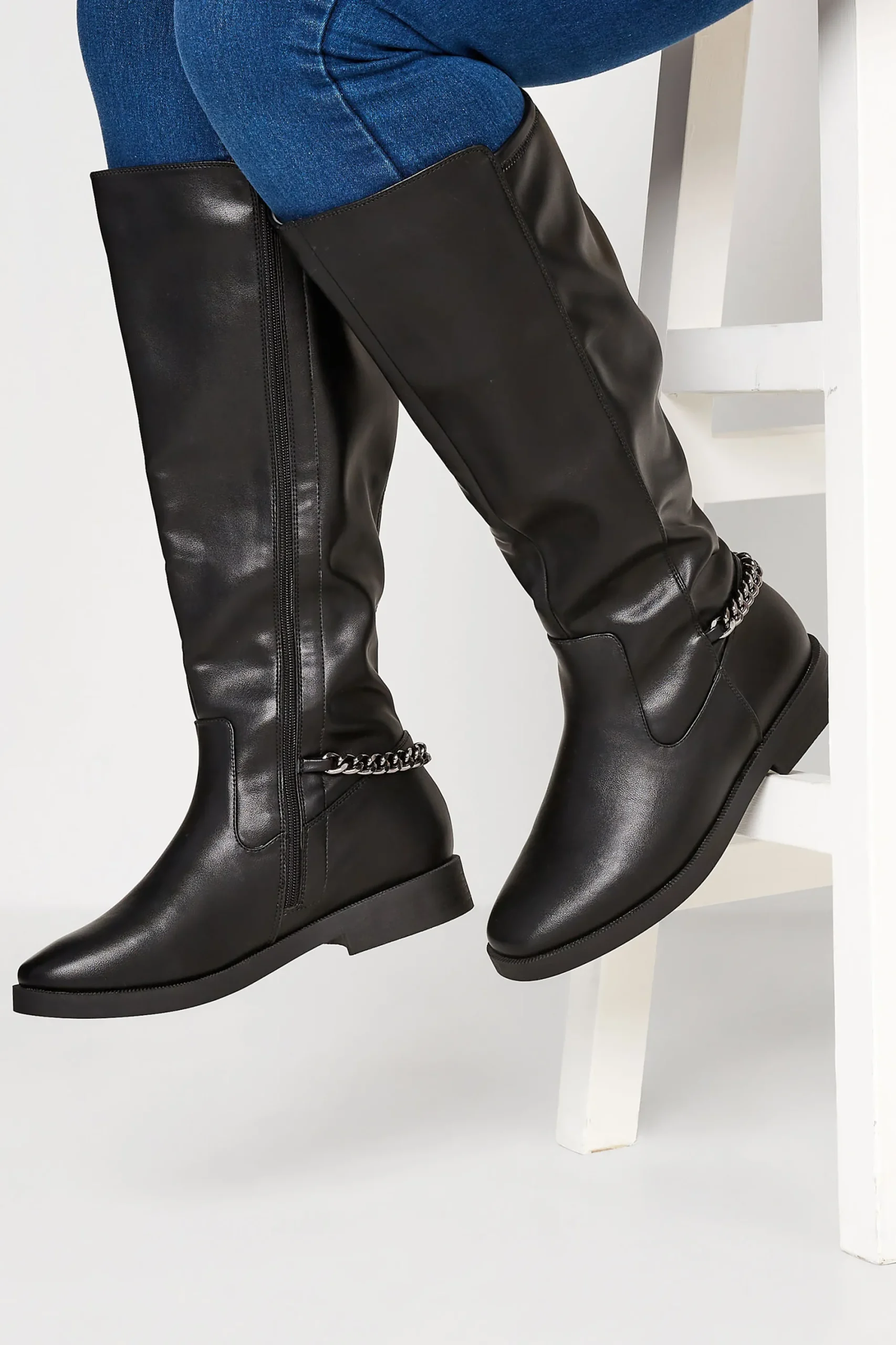 M&Co Yours Yours Black Knee High Chain Detail Boots In Wide E Fit & Extra Wide Eee Fit>Women Boots